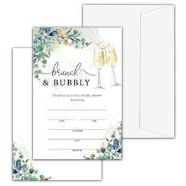 Greenery Eucalyptus Brunch & Bubbly Invitations with Envelopes for All Occasions, 25 Pcs Champagne Brunch Blank Fill-in Invites for Bridal Shower, Wedding Reception, Engagement Party(02)