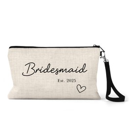 Bride Makeup Bag, Bridal Party Cosmetic Pouch, Hen Party Gifts, Wedding Day Emergency Touch Up Kit, 15 x 24 cm, Linen with Strap, Cream (2025 Bridesmaid)
