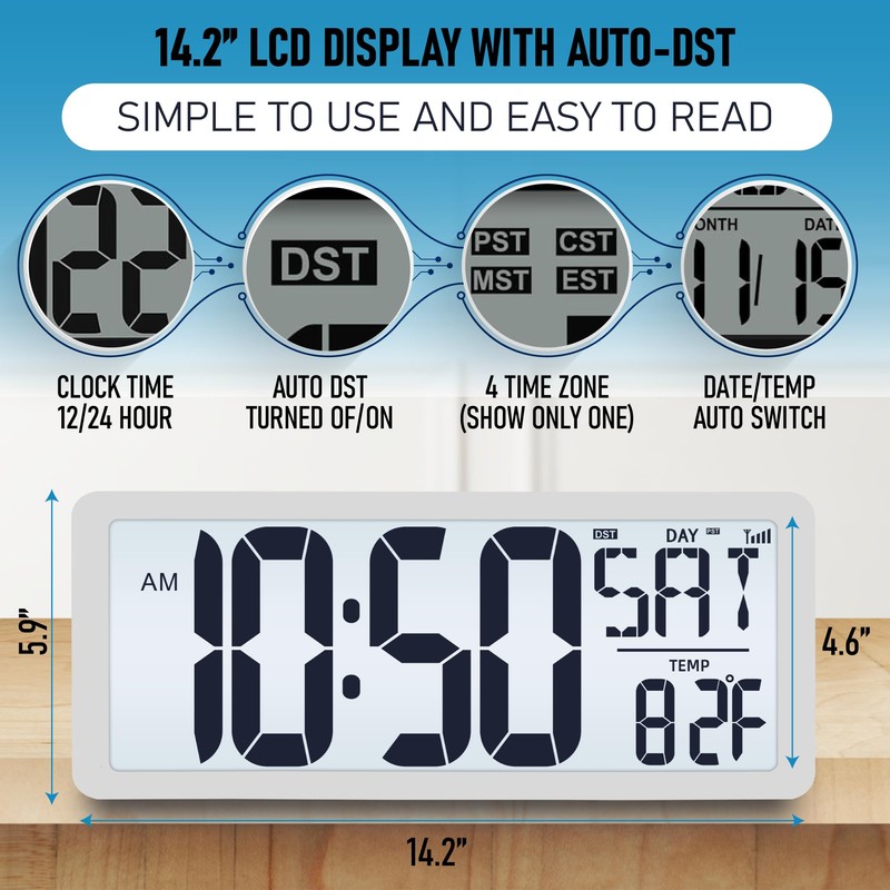 TXL Atomic Clock with Backlight, 14.2" Digital Wall Clock, Battery