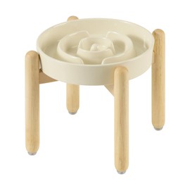 Havniva 7.3inch Ceramic Raised Slow Feeder Dog Bowl Set, Elevated Wooden Stand for Medium and Small Dog, Puzzle Slow Dish, Anti-Gulping(Beige, Single Bowl+ Stand)
