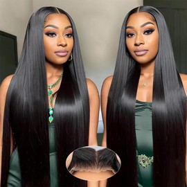 FTQZKEY 28 Inch Straight Wigs Human Hair 220 Density Wear and Go Glueless Wigs Human Hair 9x6 No Glue Pre Cut Bleached Knots Straight Wigs