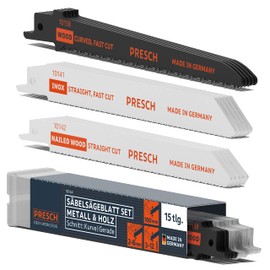 PRESCH Reciprocating Saw Blades Set Wood, Metal and Stainless Steel 15 Pieces, Complete Reciprocating Saw Blades Set for Every Application, Universal Shaft Reciprocating Saw Blades Set Including Box