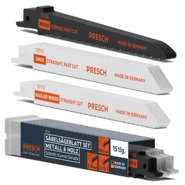 PRESCH Reciprocating Saw Blades Set Wood, Metal and Stainless Steel 15 Pieces, Complete Reciprocating Saw Blades Set for Every Application, Universal Shaft Reciprocating Saw Blades Set Including Box