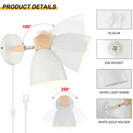 Eyooer Wall Sconces Plug in, Swing Arm Wall Lamp with Power Cord, White Plug in Wall Lighting Fixtures Set of Two, Bedside Wall Mounted Reading Lamp with Switch, for Bedside Bedroom Hallway