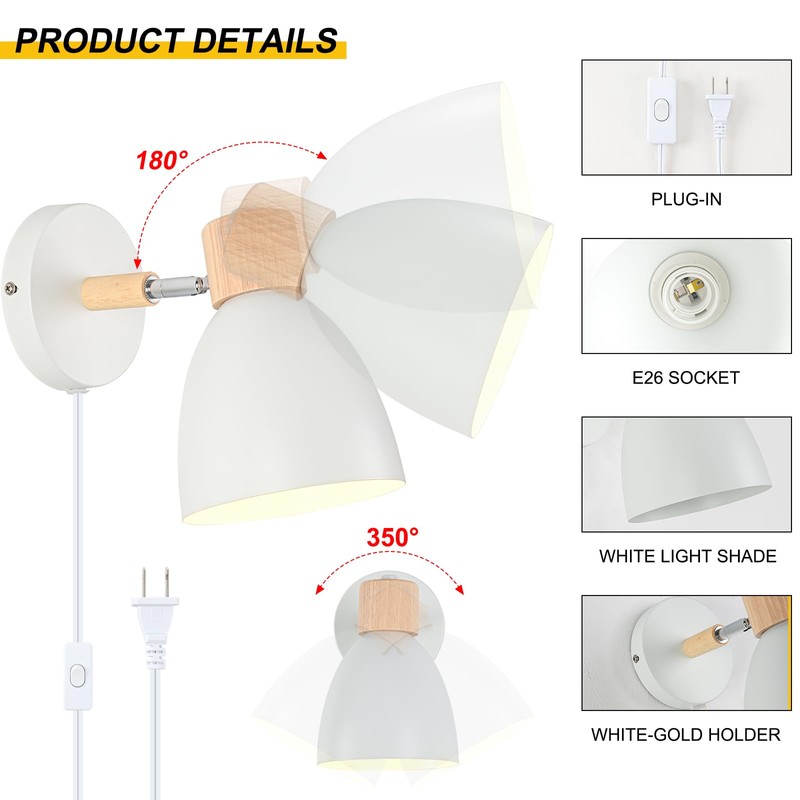 Eyooer Wall Sconces Plug in, Swing Arm Wall Lamp with