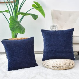 CaliTime Pack of 2 Cozy Throw Pillow Covers Cases for Couch Sofa Home Decoration Solid Dyed Soft Chenille 24 X 24 Inches Navy Blue