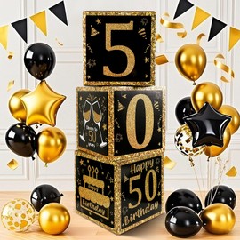 50th Birthday Decorations for Men Women,3PCS Black and Gold Happy 50 Year Old Birthday Party Supplies Table Decorations,50th Birthday Balloons Boxes Decor