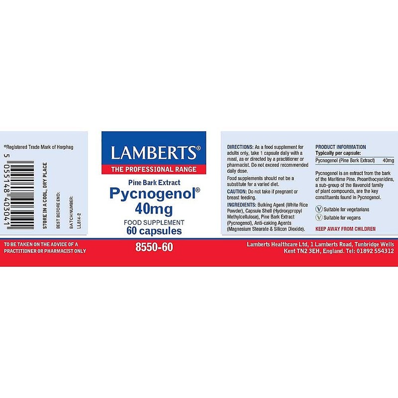 Lamberts Pycnogenol 40mg – Premium Maritime Pine Bark Extract –