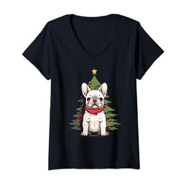 Christmas Tree, ornaments and Cute Frenchie Santa Christmas V-Neck T-Shirt