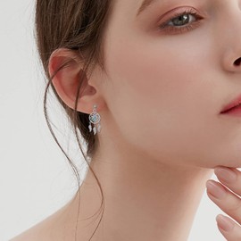 VONALA Dream Catcher Earrings for Women Girls Sterling Silver Turquoise Feather Drop Dangle Earrings Boho Jewelry Gift for Women Teens Girls