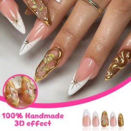 Rchovsam Almond Press on Nails Medium Length Nails Press Ons French Gold Rose Designs False Nails Gold Stripe Full Cover Acrylic Artificial Fake Nails Valentine's Gift for Women 24pcs