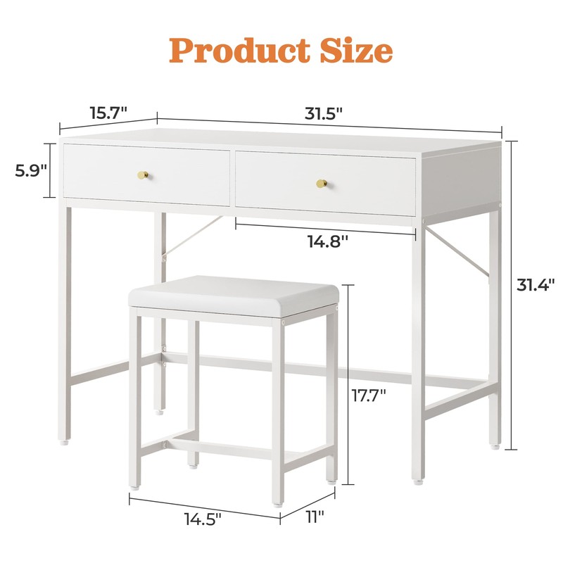 SUPERJARE 31.5" White Desk with 2 Drawers, Modern Makeup Vanity