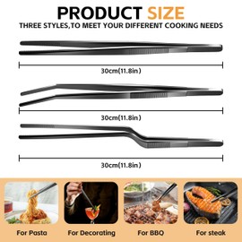 3 Pcs 12-Inch Fine Tweezer Tongs, Extra-Long Stainless Steel Cooking Tweezers, Multi-function Precision Serrated Tips Kitchen Serving Tong (Black-100)