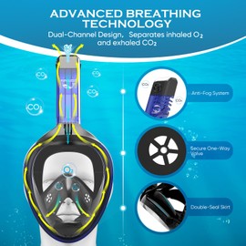 KUNQUEST Full Face Snorkel Mask for Adults & Youth, 180° Panoramic Lens, Dual-Float Dry-Top, Anti-Fog & Anti-Leak, Detachable Camera Mount (Transparent Blue, L/XL)