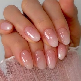 Press on Nails Almond Glue on Nails Short Fake Nails Pink White Ombre Acrylic Simple Translucent Artificial Nail Reusable False Nail for Women 24 Pcs