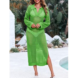 Saodimallsu Womens Crochet Swimsuit Cover Up V Neck Collared Long Sleeve Mesh Knit Long Beach Coverup Maxi Dress Green