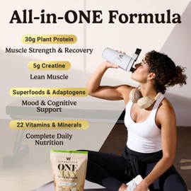 VitaHustle ONE Max Protein + 5g Creatine, 30g Plant Protein Powder, All-in-One Meal Replacement Shake with Greens, Adaptogens, Ashwagandha, Probiotics & Vitamins – Vanilla Ice Cream, 15 Servings