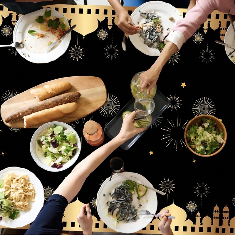 Black Eid Table Cloth Party Plastic Tablecloth,130*220cm Large Eid Ramadan