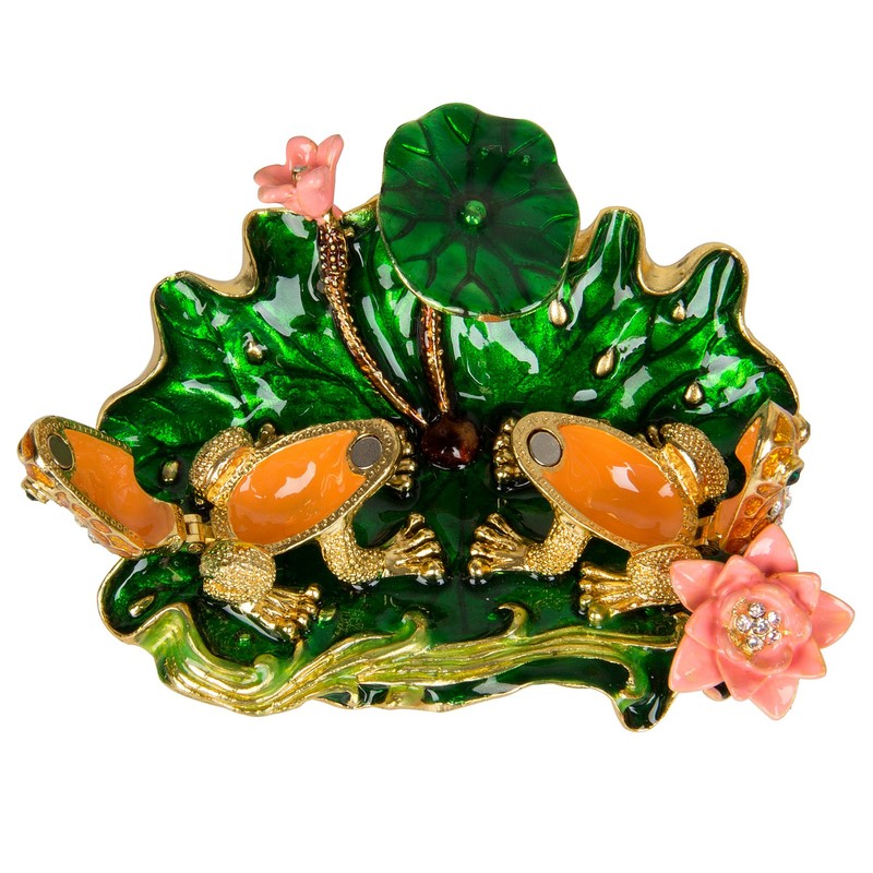 QIFU Hand Painted Enameled Frog with Lotus Decorative Hinged Jewelry