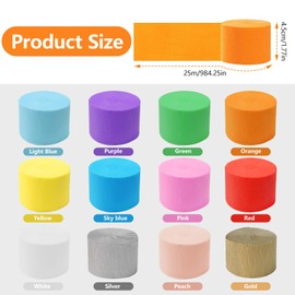 12 Rolls of Colourful Crepe Paper, 12 Colours Rainbow Crepe Ribbons 4.5 cm x 25 m, Crepe Tape Maypole, Not Easy to Tear, Crepe Paper for Crafts, for Wedding Decoration, Birthday Party