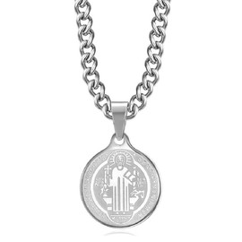 BOBIJOO JEWELRY - Round Collar Saint Benedict Protection Steel 316L Silver Chain Pendant, Stainless Steel