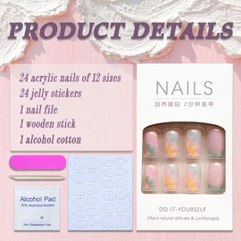 Press on Nails Medium Square SWEKKE French Tip Fake Nails Pink Full Cover Green Yellow Flower False Nails with Designs Glossy Glue on Nails Manicure Artificial Acrylic Nails for Women Girls 24Pcs