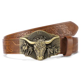 SENDEFN Western Cowboy Belt Leather Longhorn Bull Buckle Belts for Men Women 1.5" Wide Country Belt for Jeans