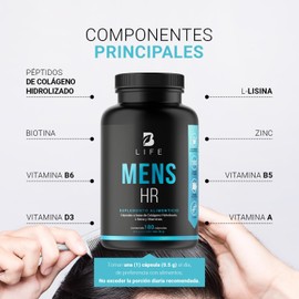 Vitaminas  para el Cabello del Hombre 180 Cápsulas 500 mg por cápsula. Colágeno Hidrolizado, L Lisina, Zinc, Vitaminas B5, B6, Biotina y D3. Ingredientes Naturales. Mens HR.