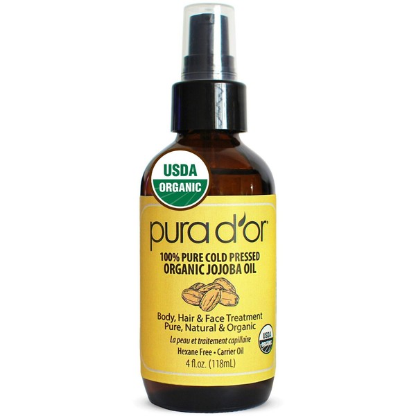 PURA D'OR Dor Jojoba Oil 100% Pure Organic 4 fl oz, for Face, Skin & Hair