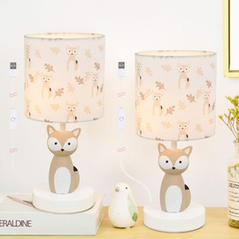 Lampwell Fox LED Table Lamps with USB Port DC5V,Set of 2,Light Brown Kids Table Lamp,Night Light for Kids Room,Nursery,Bedroom,Kitchen Counter,Gameroom,Φ5.91×H12.88IN,Hand-Made
