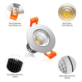 2Inch LED Recessed Ceiling Light, 3W Dimmable LED Downlight, 60 Beam Angle COB Recessed Lights with Driver, Warm White 3000K-3500K, 25W Halogen Bulbs Equivalent for Ceiling Lighting, Silver 6Pack