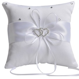 he andi 7.8" Satin Double Hearts Decoration Wedding Ring Bearer Pillow (White)