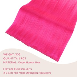 WENNALIFE Hot Pink Clip-In Human Hair Extensions, 40 cm, 6 Pieces, 30 g, Remy Hair Extensions, Clip-In Hair Extensions, Natural Real Hair