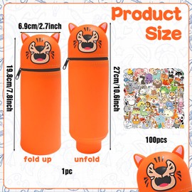 HarnyLoom 2 in 1 Silikon Federmäppchen fur Mädchen Jungen, Süßes Tier Mäppchen mit Reißverschluss Stifthalter Schulanfang Geschenke Schulbedarf (Orangefarbener Tiger)