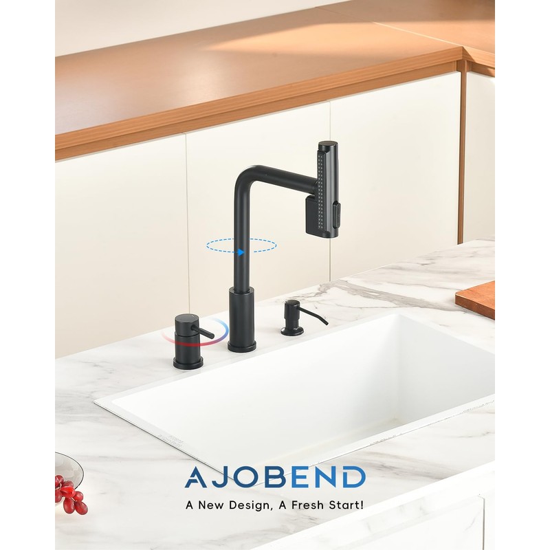 Waterfall 3 Hole Matte Black Kitchen Sink Faucet with Separate