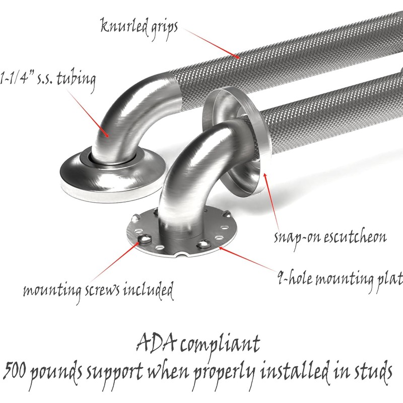 Grab Bar with Knurled Anti-Skid Grip, ADA Compliant 500lbs Supporting,
