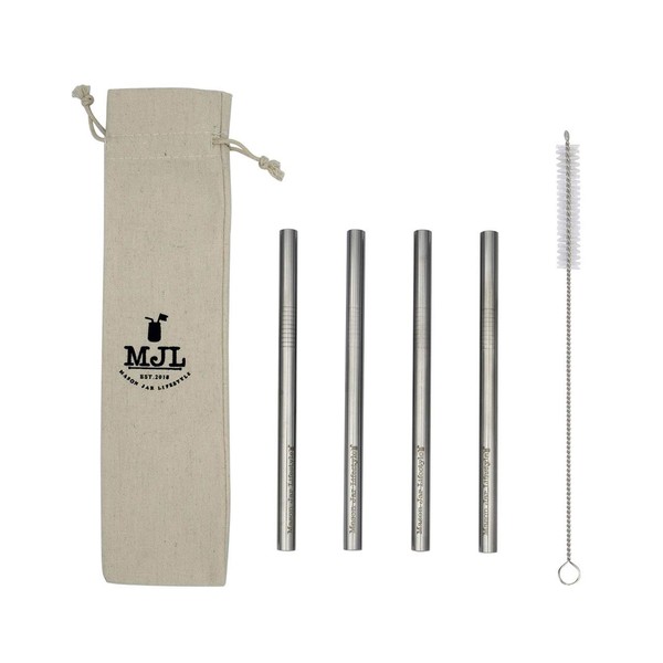 Medium Stainless Steel Smoothie Straws for Pint Mason Jars, Medium Cups, Pint Glasses (4 Pack + Cleaning Brush)
