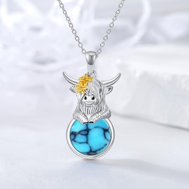 MEIDERBO Highland Cow Necklace for Women 925 Sterling Silver Turquoise Pendant Jewelry for Birthday Mother's Day