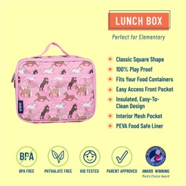 Wildkin Kids Insulated Lunch Box Bag for Boys and Girls, Perfect Size for Packing Hot or Cold Snacks for School and Travel, Mom's Choice Award Winner, BPA-free, Olive Kids (Horses in Pink)