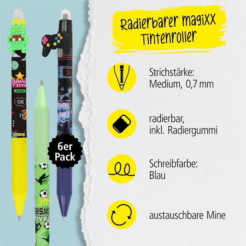 Online magiXX, 6 x Fun Boys Erasable Gel Pens, Blue