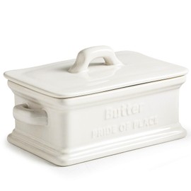 Zoeeker Butter Dish with Lid, Ceramic Butter Dish for Countertop Butter Holder Container Large Butter Keeper for East West Coast Butter, Thanksgiving, Christmas, White