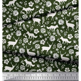 Soimoi Green Velvet Fabric Silhouette Deer & Fox Floral Fabric Prints by metre 58 Inch Wide