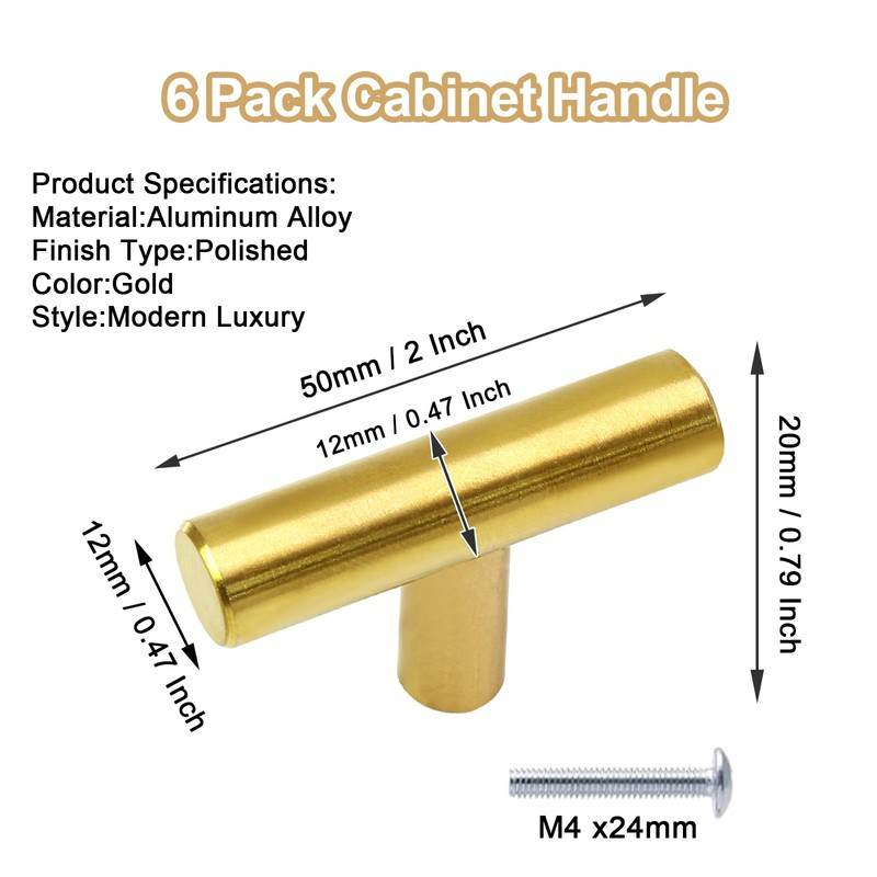 Cjueiom 6 Pack Gold Cupboard Knobs - 50mm Length T