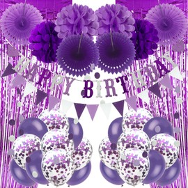 Recosis Birthday Party Decorations, Purple Party Decorations for Boy Girls Men Women Happy Birthday Banner, Curtains Paper Pompoms and Fans Garland Confetti Balloons for Birthday Party Decorations