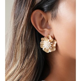 Gold Pearl Flower Earrings for Women Boho Chunky Gold Statement Earrings Bohemian Big Floral Gifts for Women