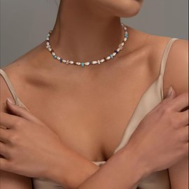 BriLove Baroque Freshwater Cultured Pearl Necklace for Women, Gorgeous Elegant Real Pearls Turquoise Choker Strand Necklaces for Wedding Summer Beach Outfit Party Accessories