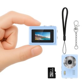 Mini Digital Camera, 0.96in Small Keychain Camera, 1080P Point and Shoot Digital Camera with 64GB TF Card, 6 Filters, Fill-in light, Keychain, Landyard, USB Cable for Boys Girls Teens Adult Charging Compact Pink - Color: Blue