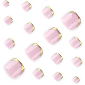 Gold French Press on Toenails Short Square Summer Fake Toe Nails Glossy Designs Acrylic Toe Nail Press Ons Full Cover Nude Press on Toenails for Women Square Toe Nail Tips 24Pcs