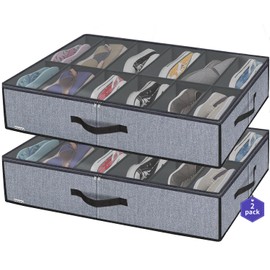 Onlyeasy Large Under Bed Shoe Organizer (12 Pairs x 2) - Underbed Shoes Closet Storage Solution with Metal Zipper and 2 Handles, Breathable, 29.3"x23.6"x5.9", Linen-like Grey, MXDUBSB2P