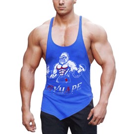 GYMAPE Men's Y-Back Bodybuilding Workout Stringer Tank Tops Muscle Sleeveless T Shirts with Incline Hem Color Blue Size L